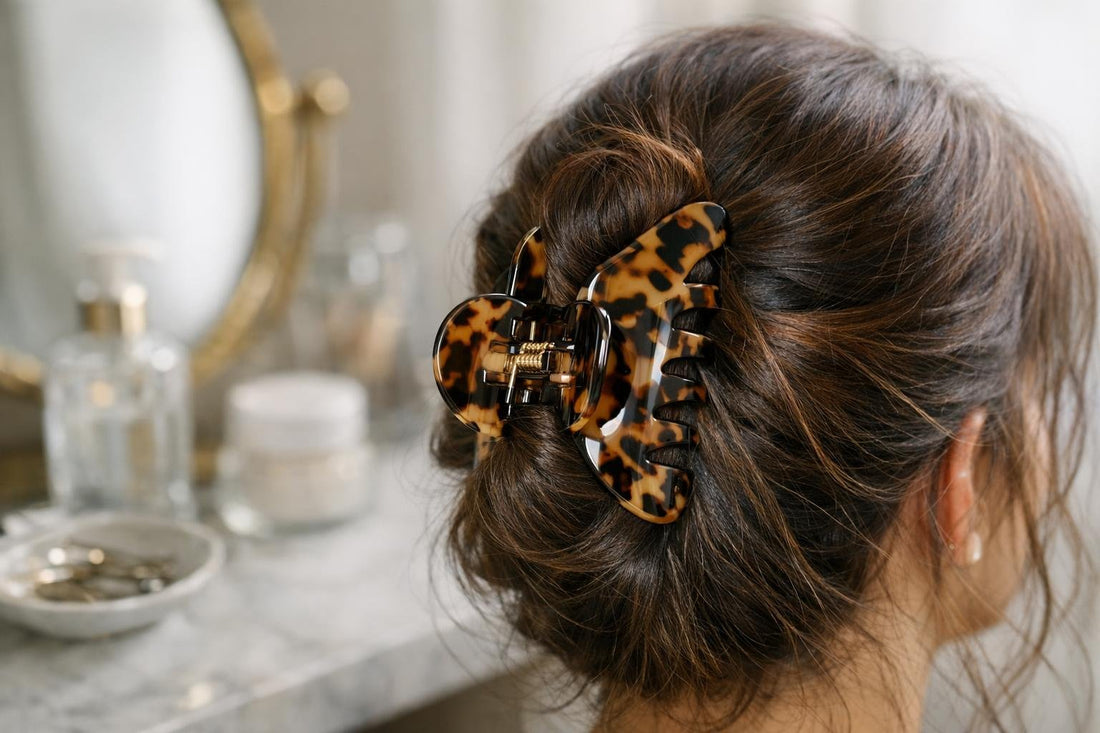 close-up of acetate hair claw clip on thick hair