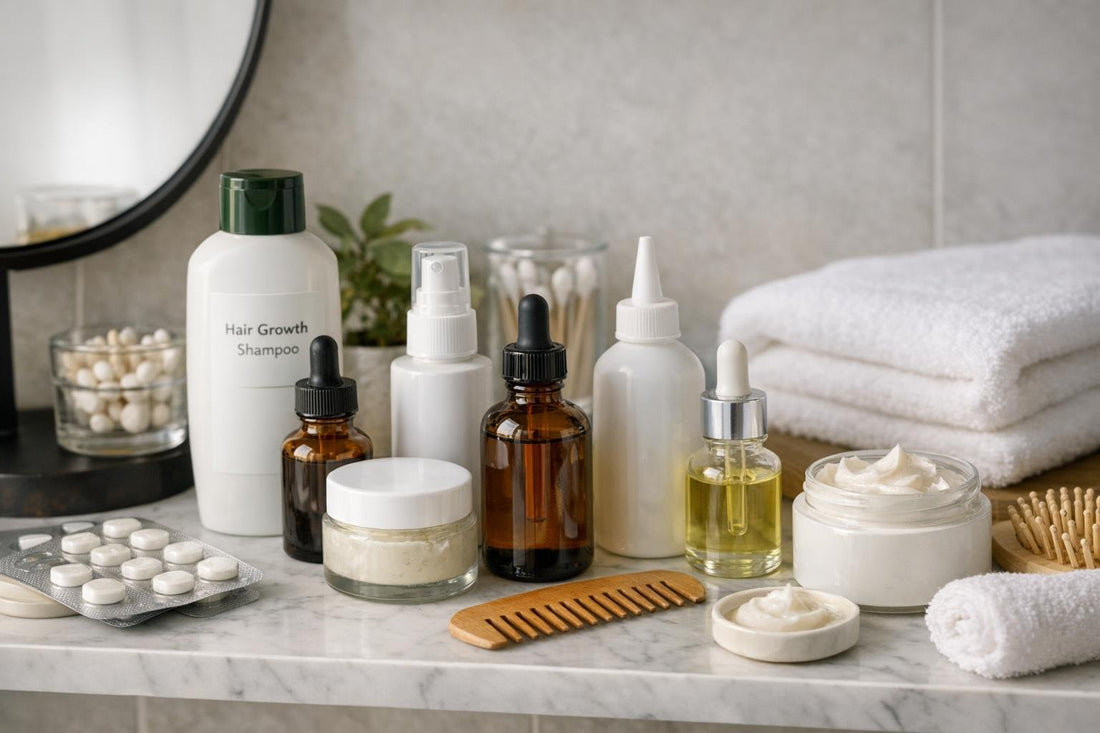Budget hair loss products on Ontario bathroom shelf