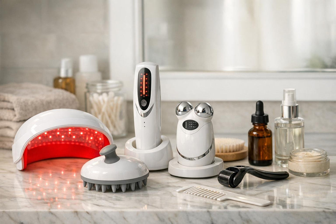 Budget hair regrowth devices portfolio tools on a countertop