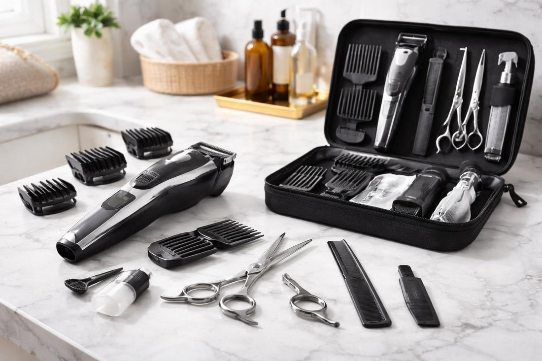 Budget-friendly clippers, shears, and haircut kit on counter