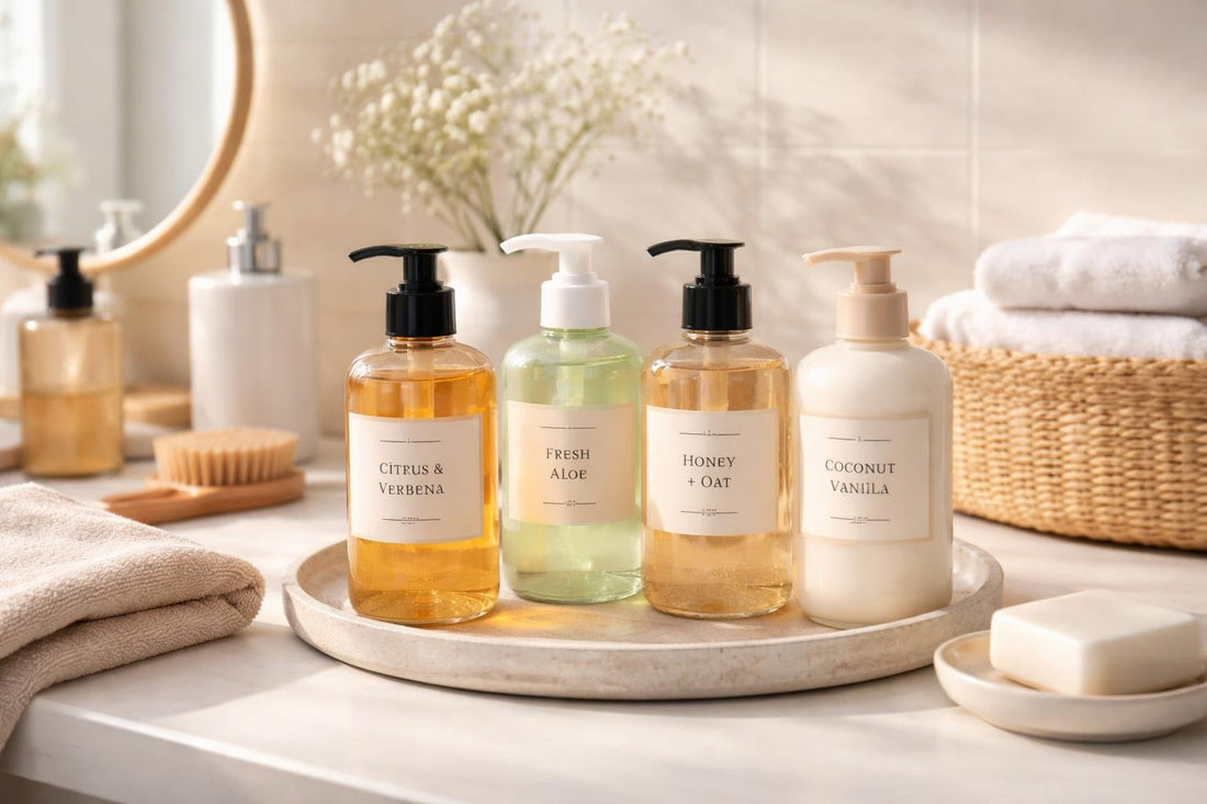 Affordable hand wash bottles on a clean bathroom counter