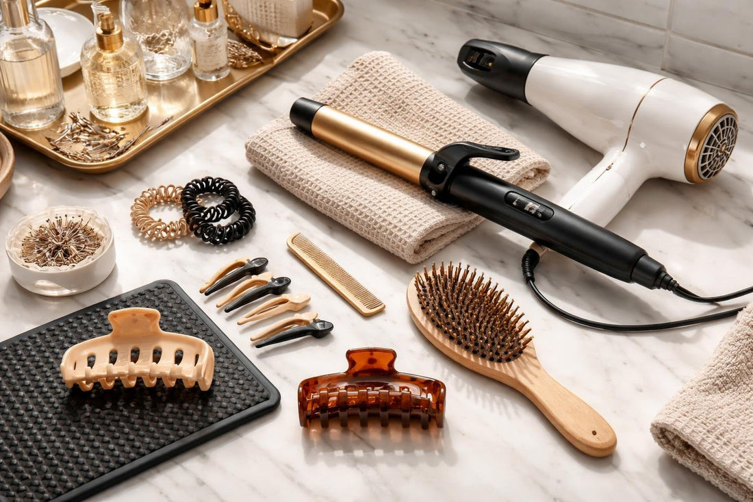 Budget heat-safe hair styling accessories flatlay