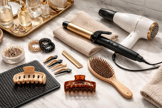 Budget heat-safe hair styling accessories flatlay