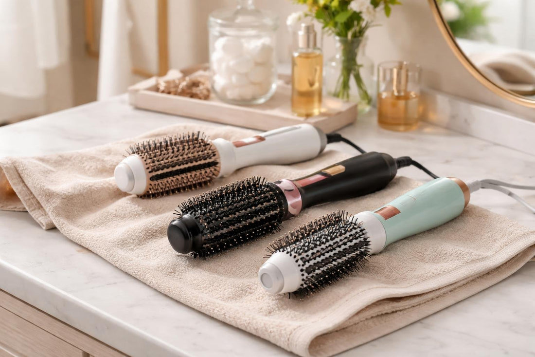 Budget hot air hair brush styling on towel-dried hair