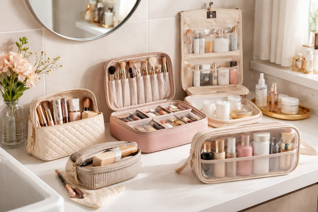 Budget makeup bags and organizer case setup on bathroom counter