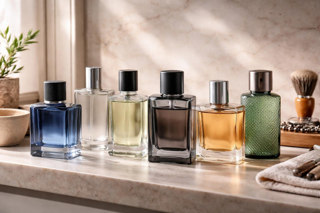 Affordable men’s eau de toilette portfolio bottles on a shelf