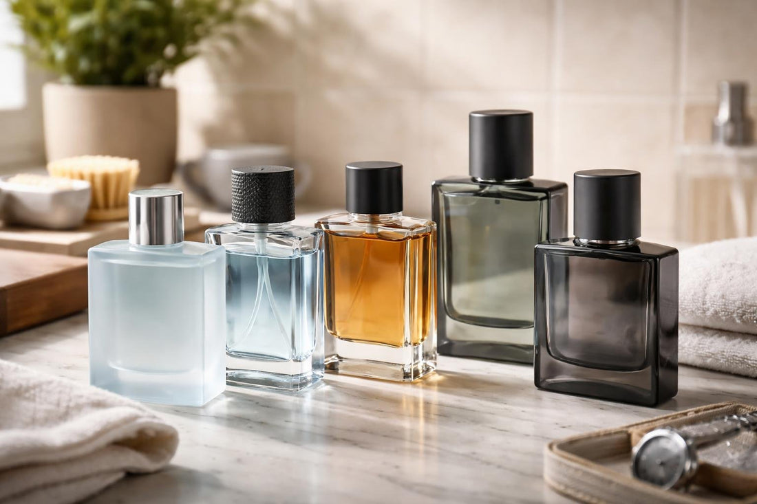 Affordable men’s fragrance bottles arranged for a starter collection