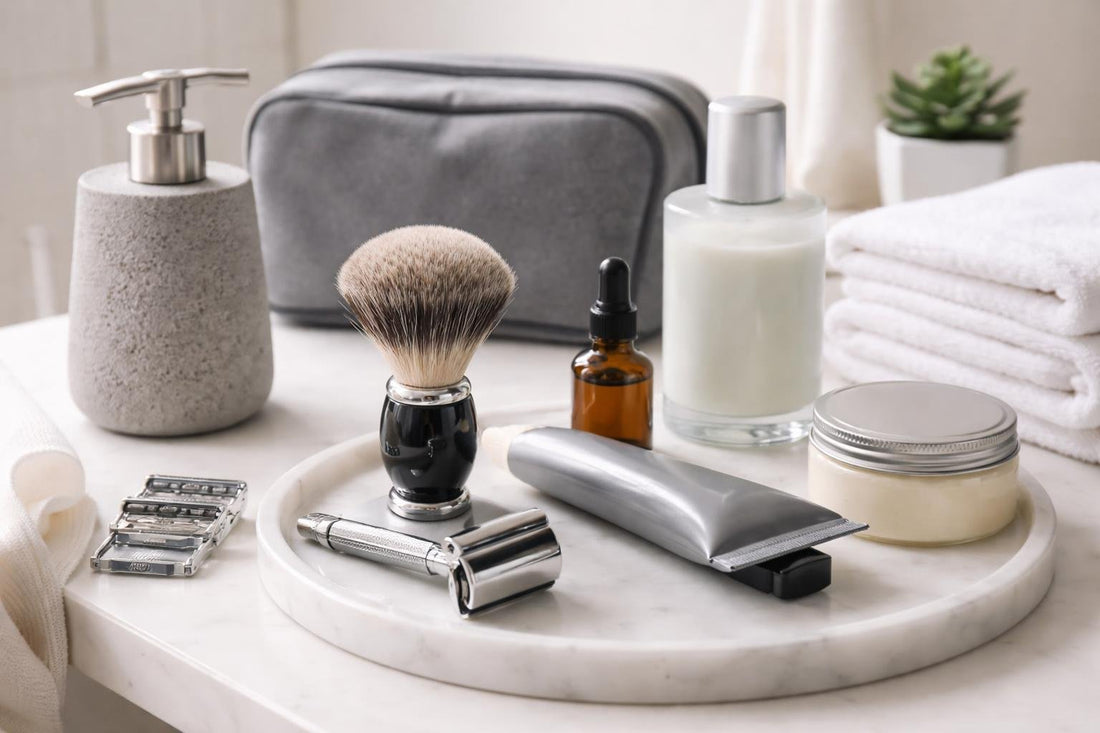 Affordable men’s shaving accessories laid out for daily grooming