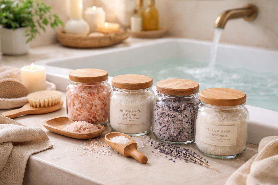 Budget-friendly mineral bath salts jars beside a running bath