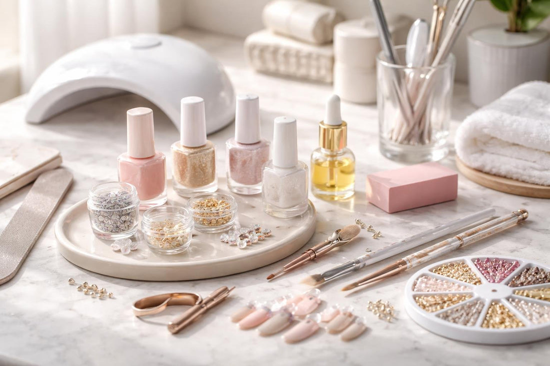 Budget nail art accessories laid out for at-home manicures