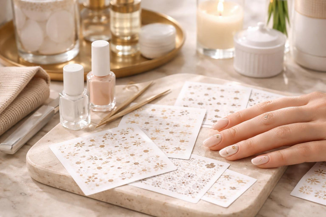 Budget nail art stickers and decals on nude manicure