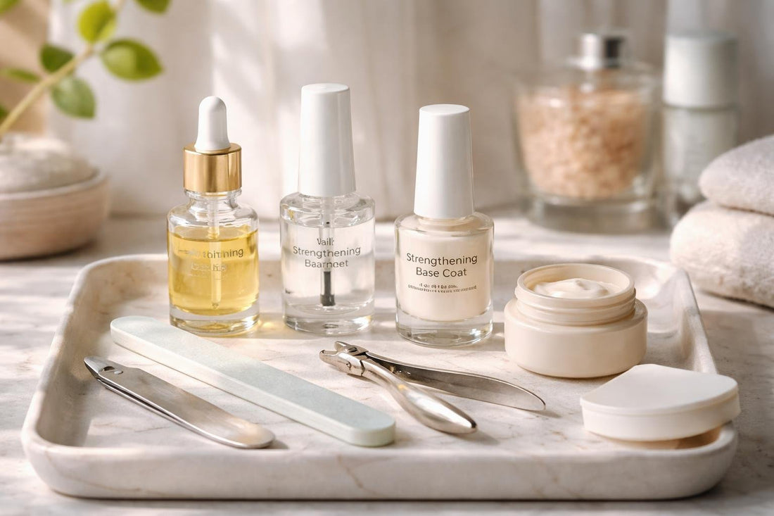Budget nail strengthening essentials arranged for brittle nails
