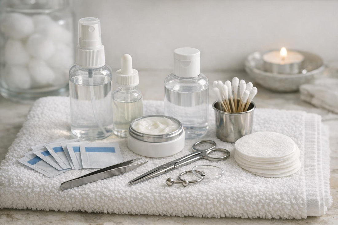 Budget body piercing aftercare supplies arranged on clean towel