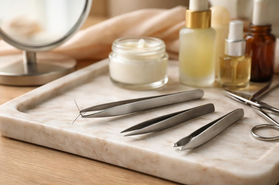 Budget precision tweezers gripping stubborn chin hair closely