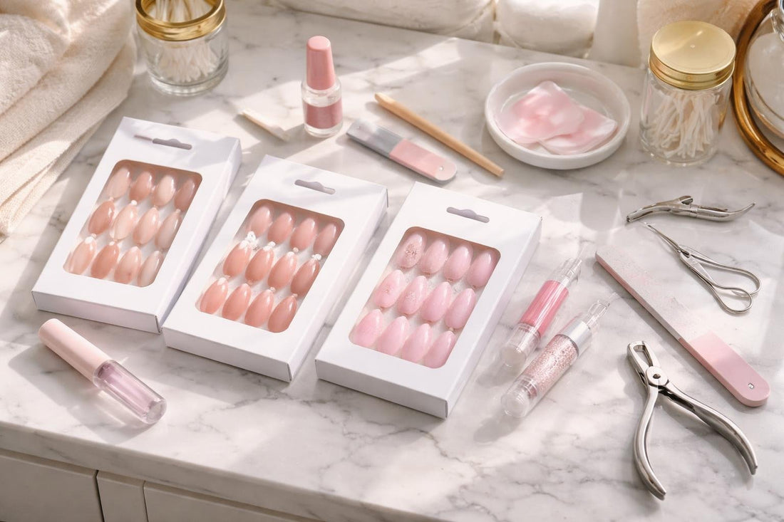 Budget press-on false nail set and basic accessories flatlay