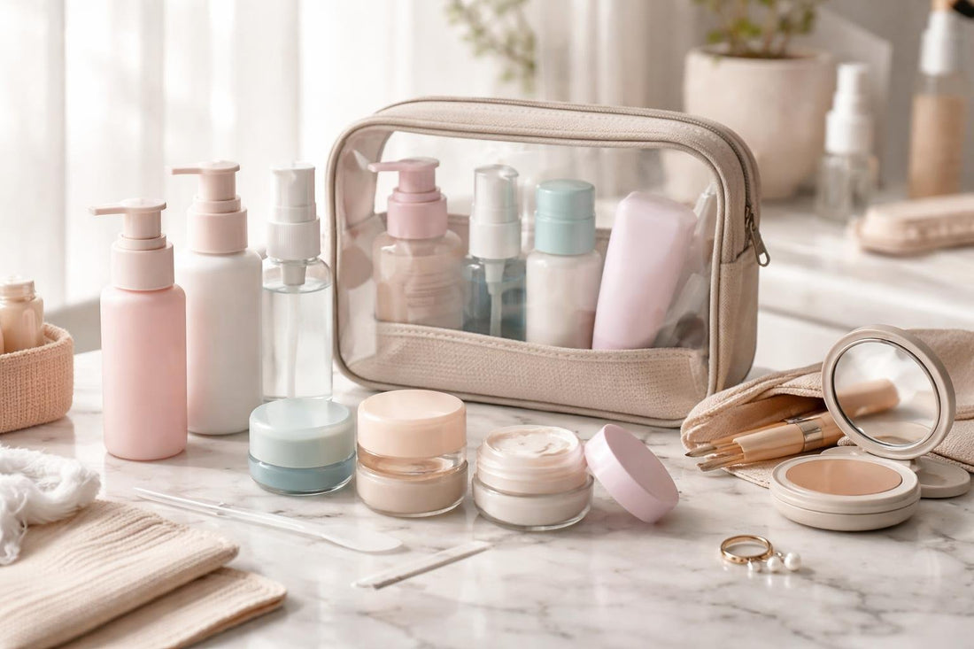 Budget refillable cosmetic container kits packed for travel touch ups
