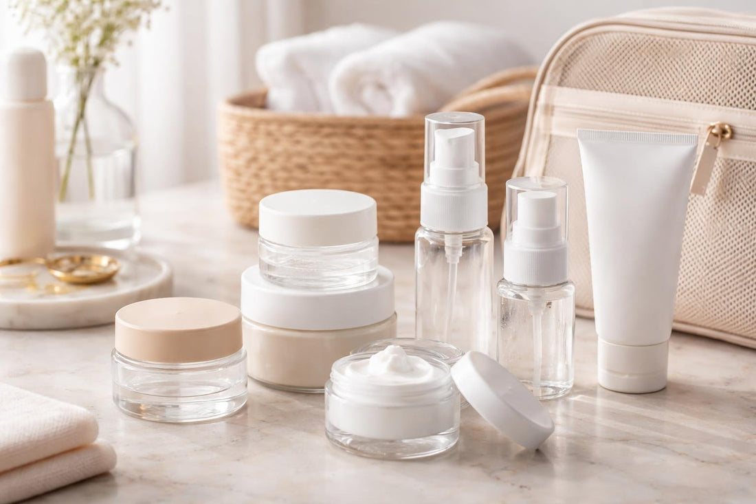 Budget refillable cosmetic jars packed for travel skincare