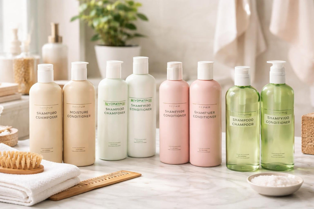 Budget-friendly shampoo and conditioner bottles in a Canadian bathroom