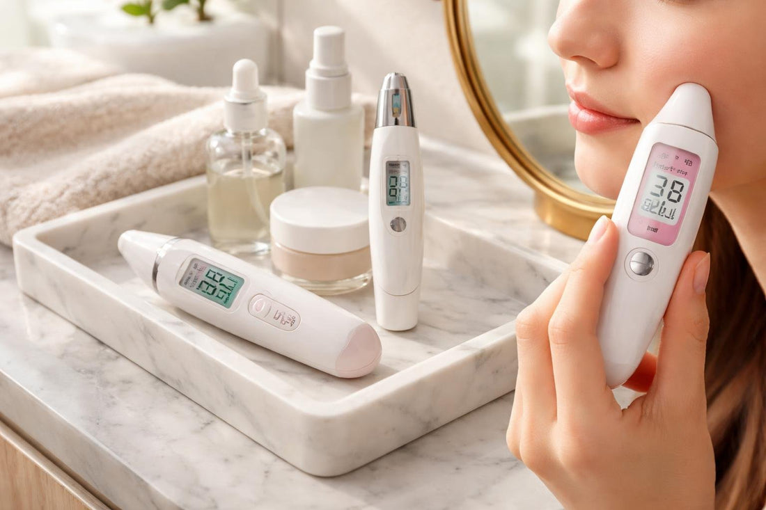 Budget skin moisture analyzer reading hydration on cheek
