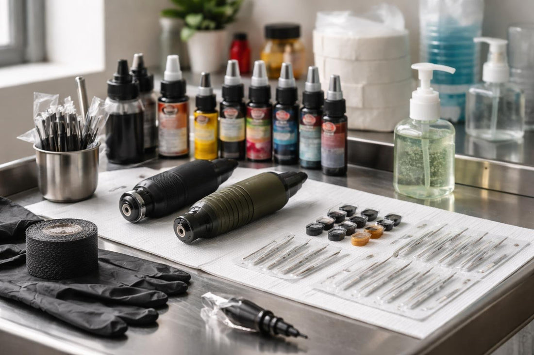 Budget-friendly professional tattoo supplies laid out for setup