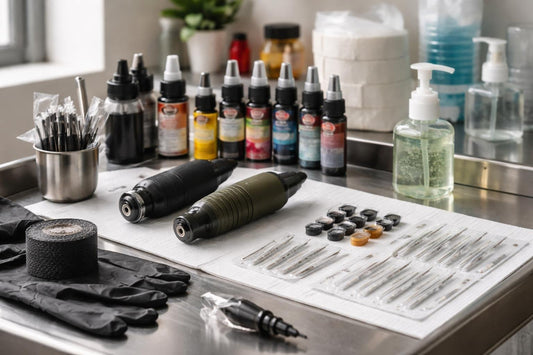 Budget-friendly professional tattoo supplies laid out for setup