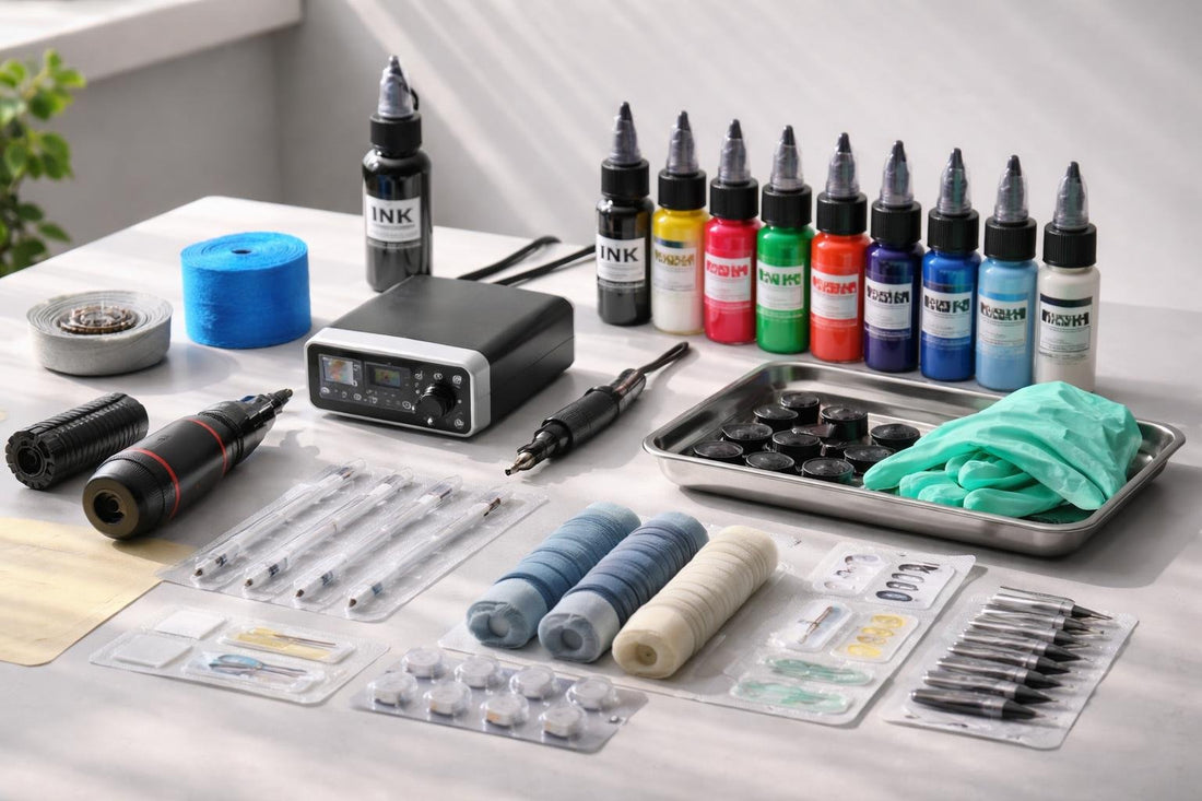 Budget tattooing supplies laid out for a clean workstation