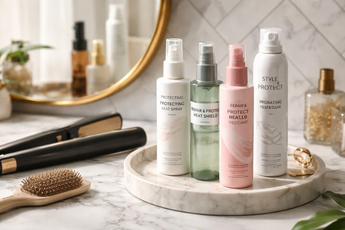 Budget thermal protection hair spray beside flat iron