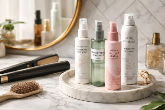 Budget thermal protection hair spray beside flat iron