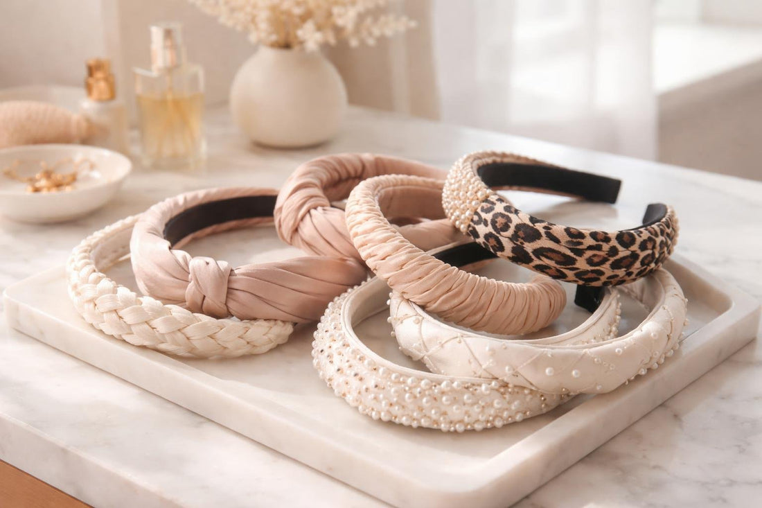 Affordable women’s fashion headbands laid out in neutral tones