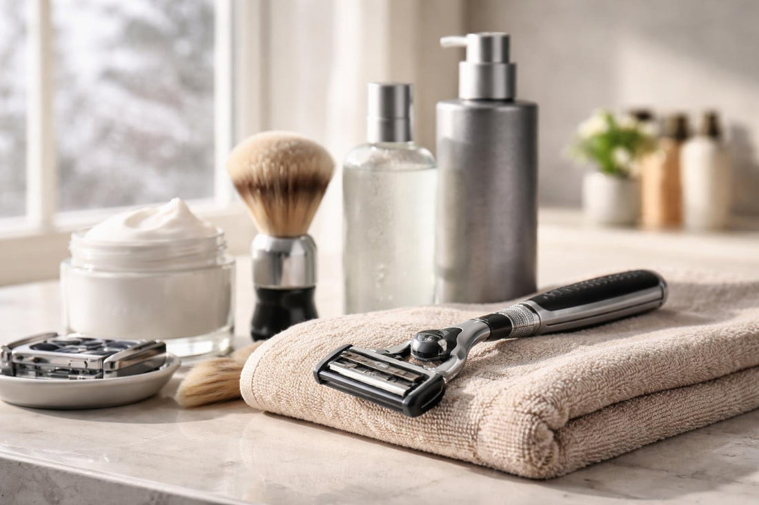 Men shaving with cartridge razor in dry Canadian season