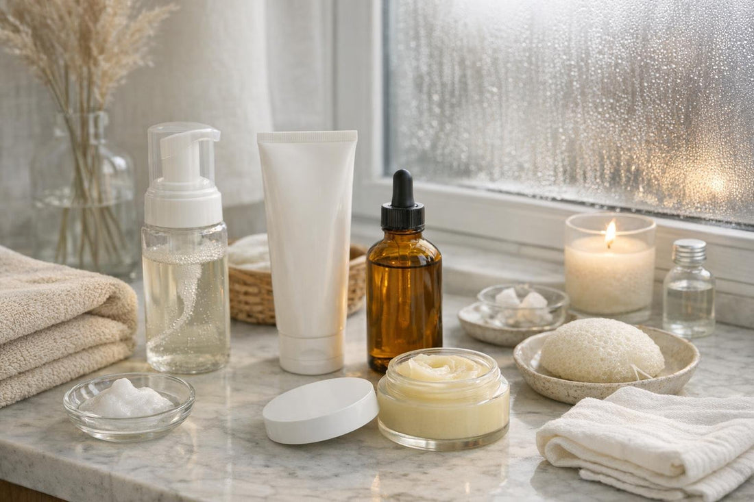 Seasonal facial cleansing essentials on a Canadian bathroom counter