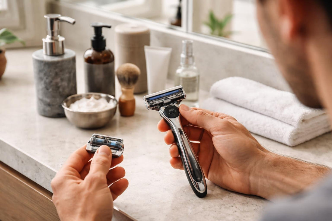 man testing cartridge razor for fit and blades