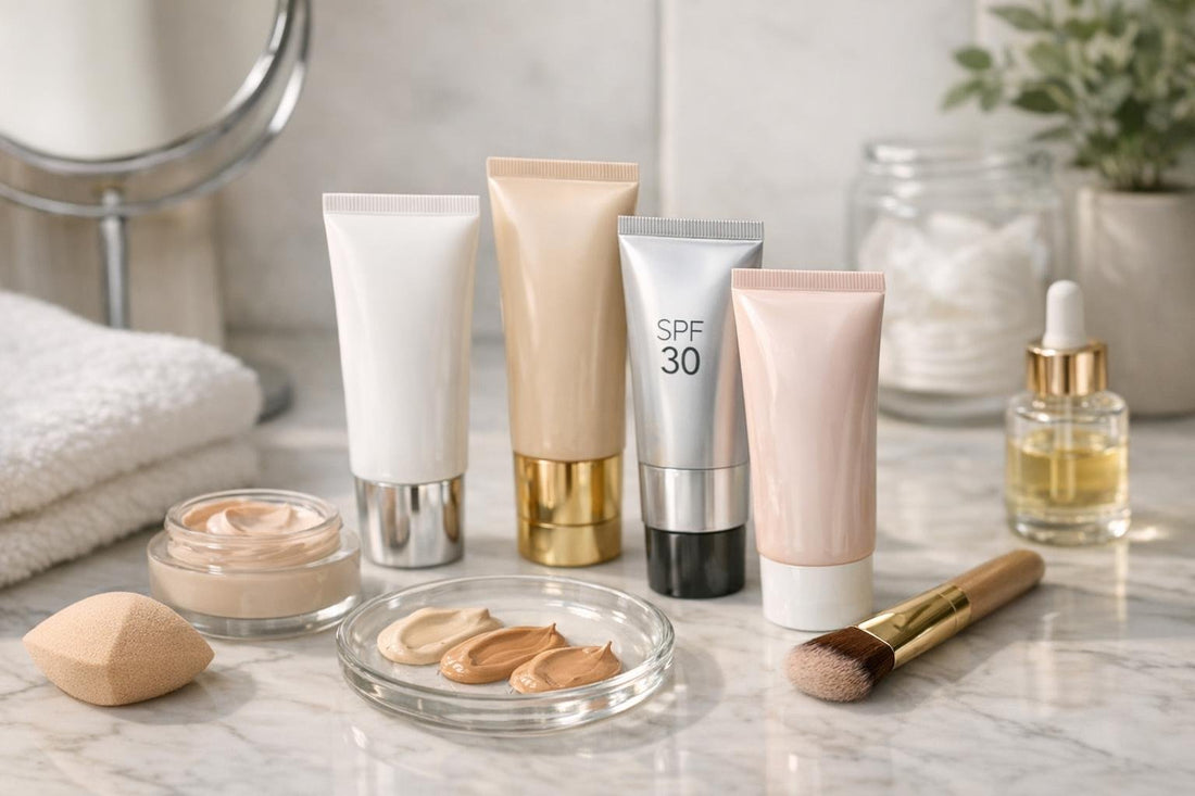 Assortment of CC facial creams and swatches