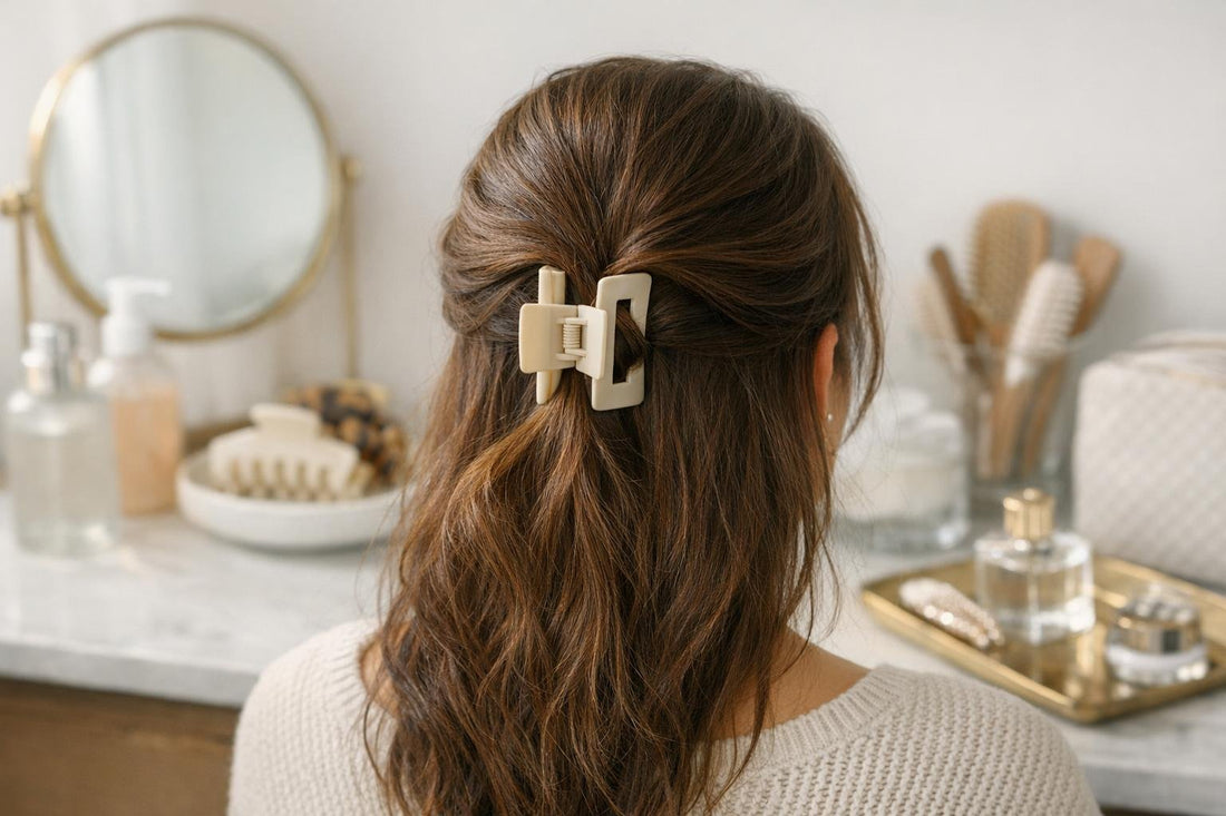 Neutral claw clip holding a quick half-up hairstyle