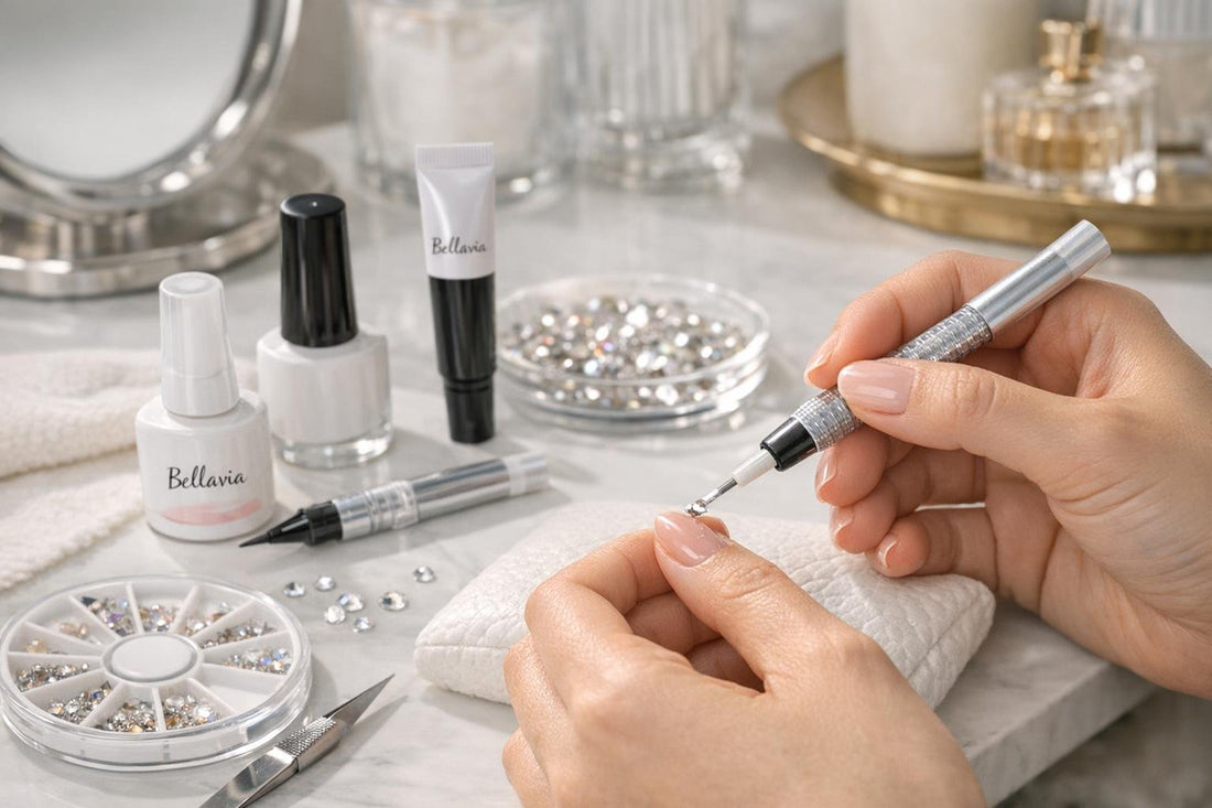 Beginner applying nail art glue for clean rhinestones