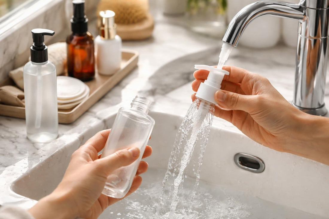 Refillable cosmetic pump dispenser being rinsed to prevent clogs