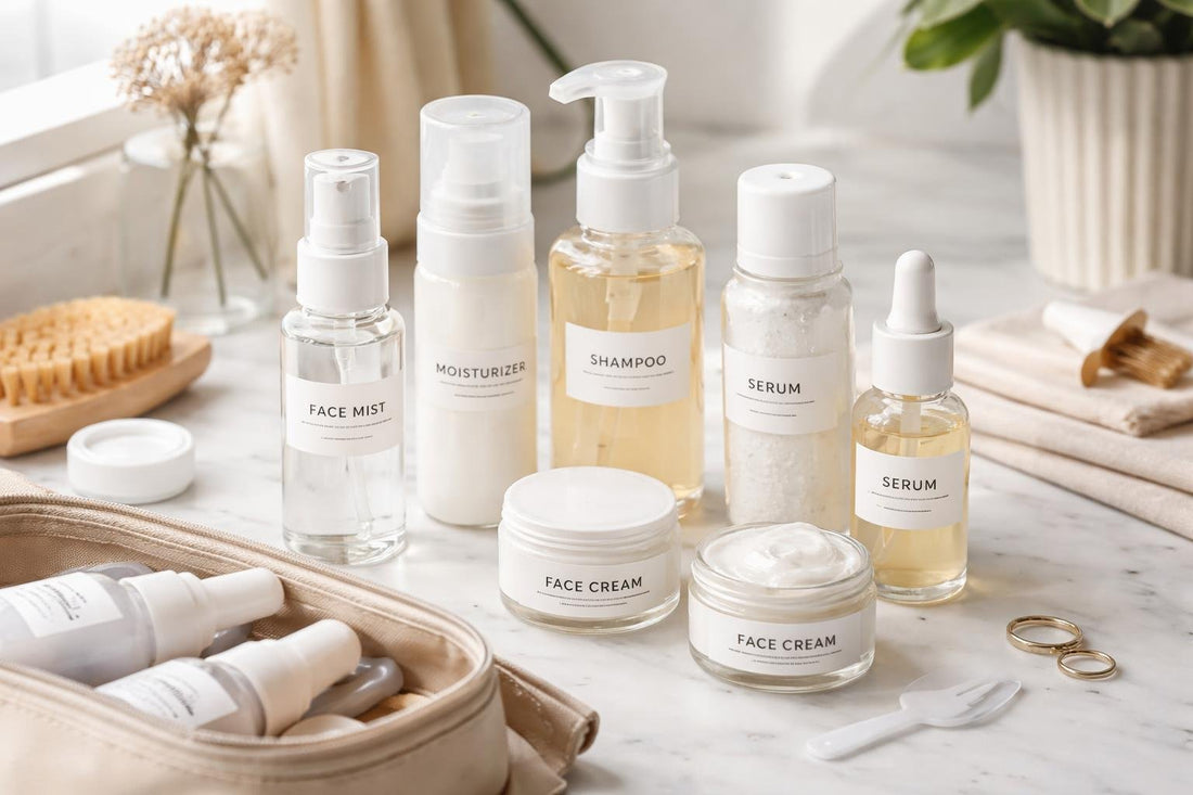Refillable cosmetic containers labeled for clean travel refills