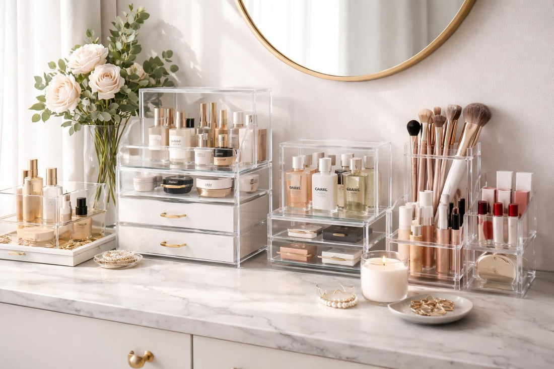 Clean vanity with professional cosmetic display cases and drawers