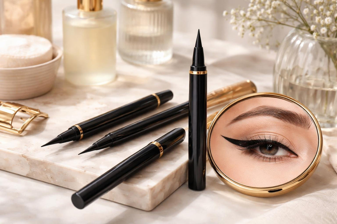Clean winged eyeliner with precise liner tip close-up