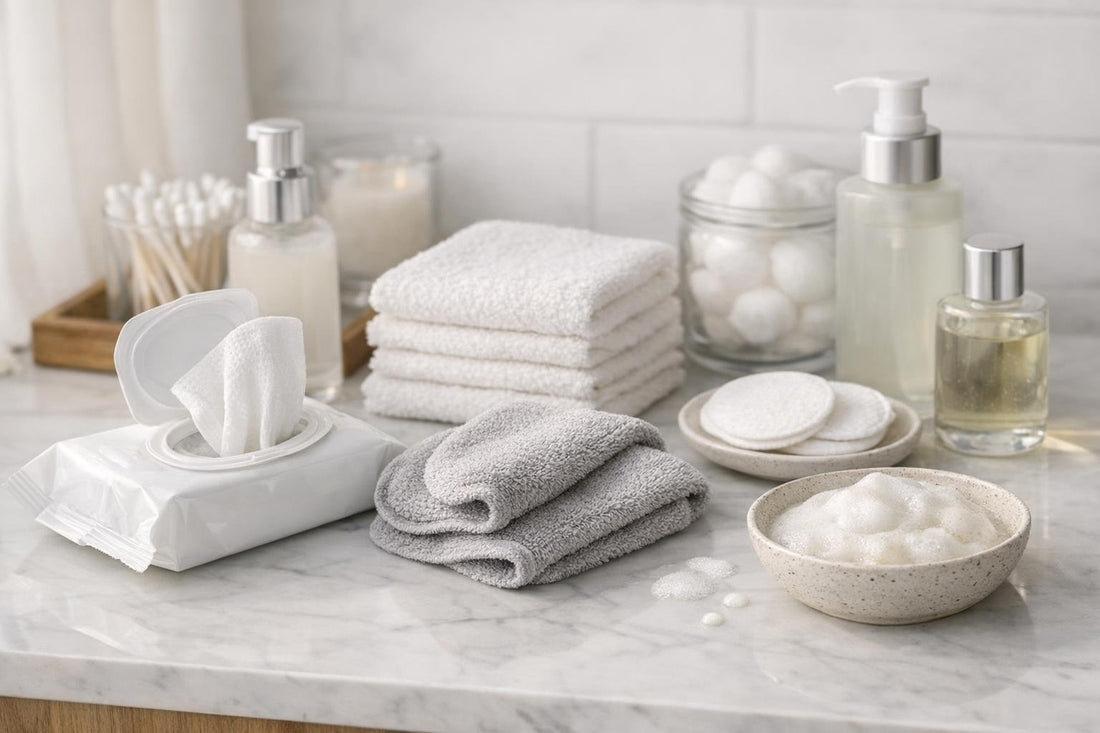 assorted facial cleansing cloths and towelettes