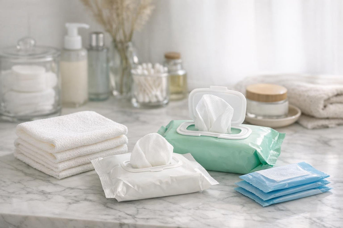 gentle facial cleansing cloths and towelettes on counter