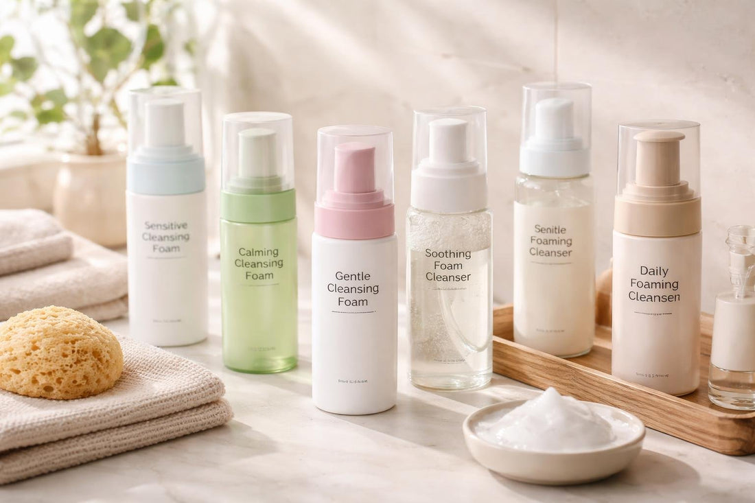 assorted makeup cleansing foam bottles on counter