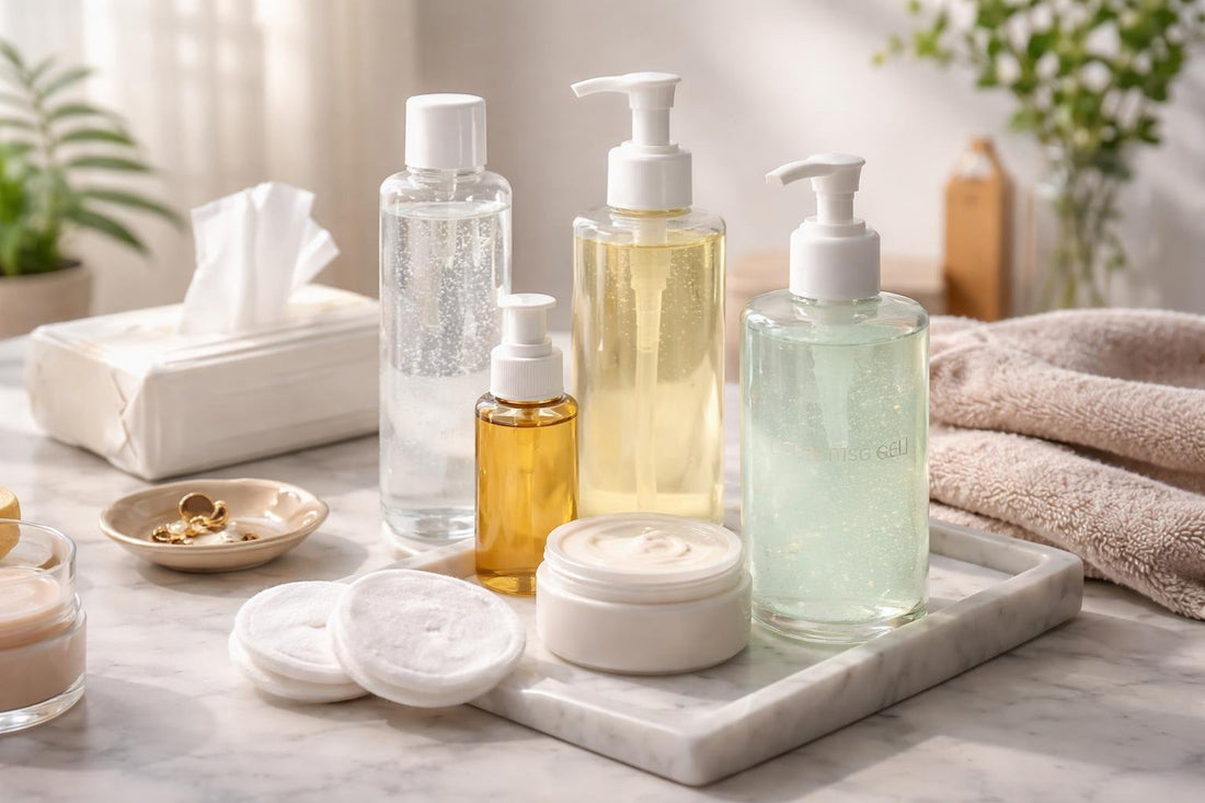 Makeup cleansing gel and alternatives flatlay