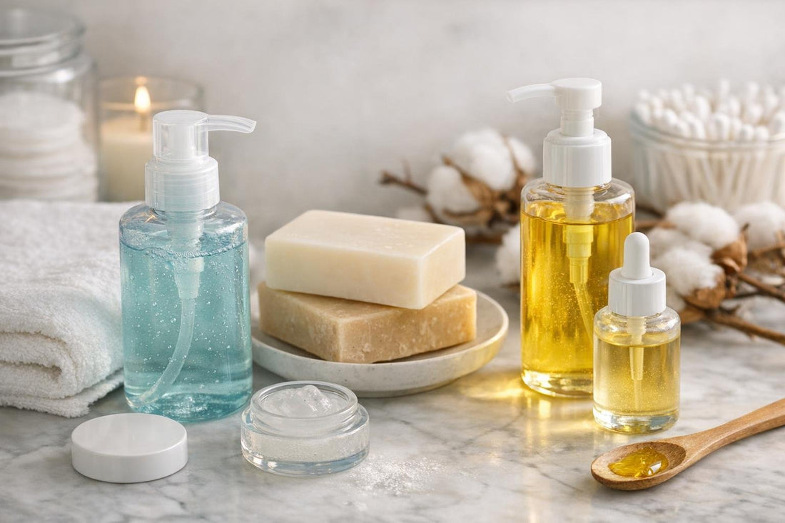 winter facial cleansing gel and oil bottles