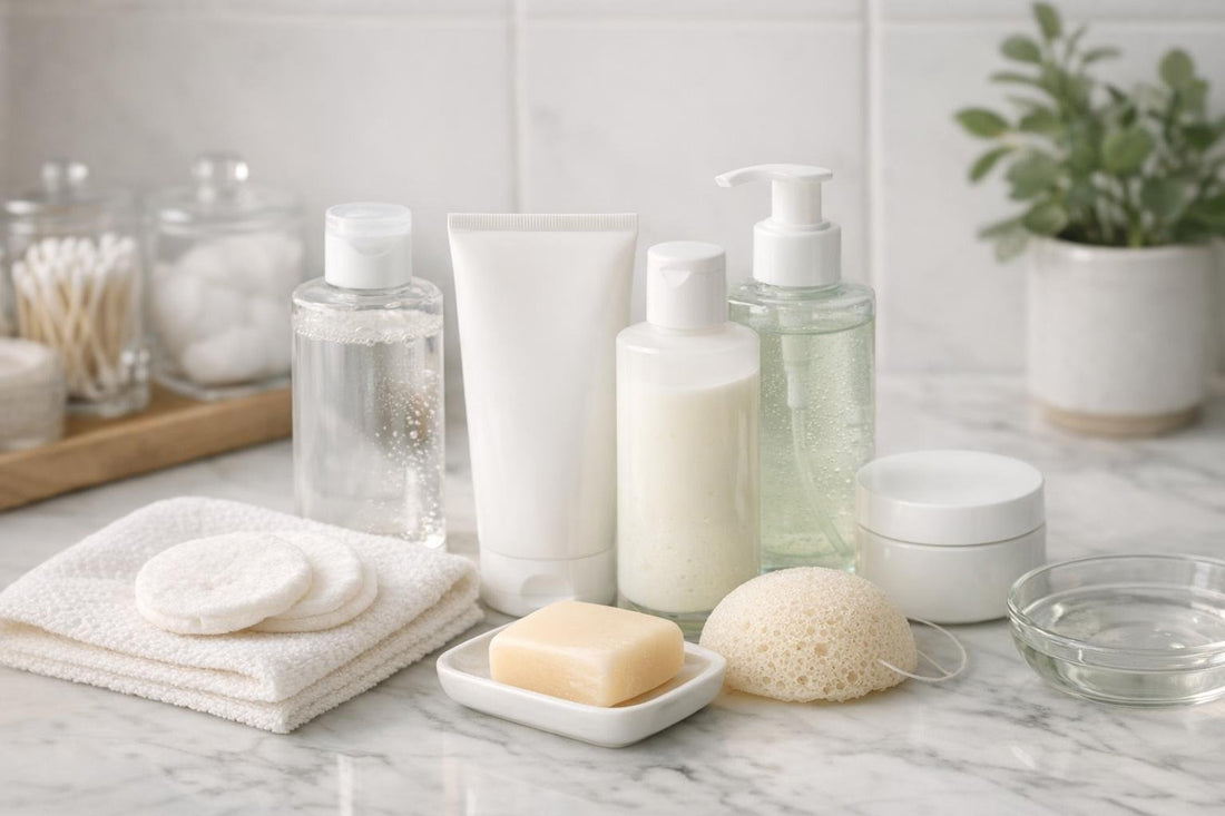 sensitive skin facial cleansing products on counter