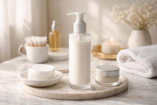 Cleansing milk bottle and cotton pads on counter