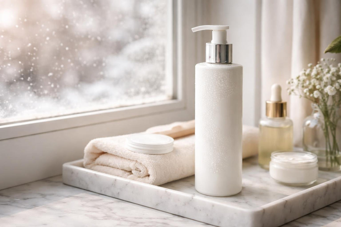 hydrating cleansing milk bottle on snowy windowsill