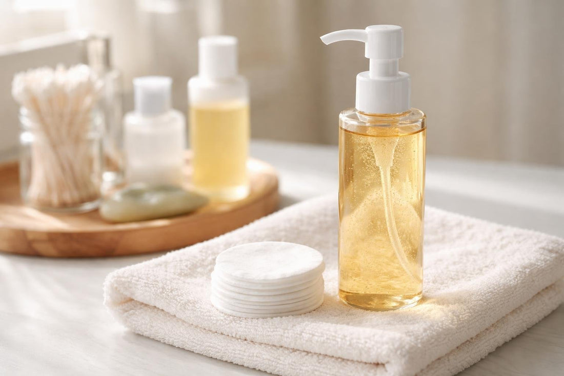 bottle of cleansing oil on towel with cotton pad