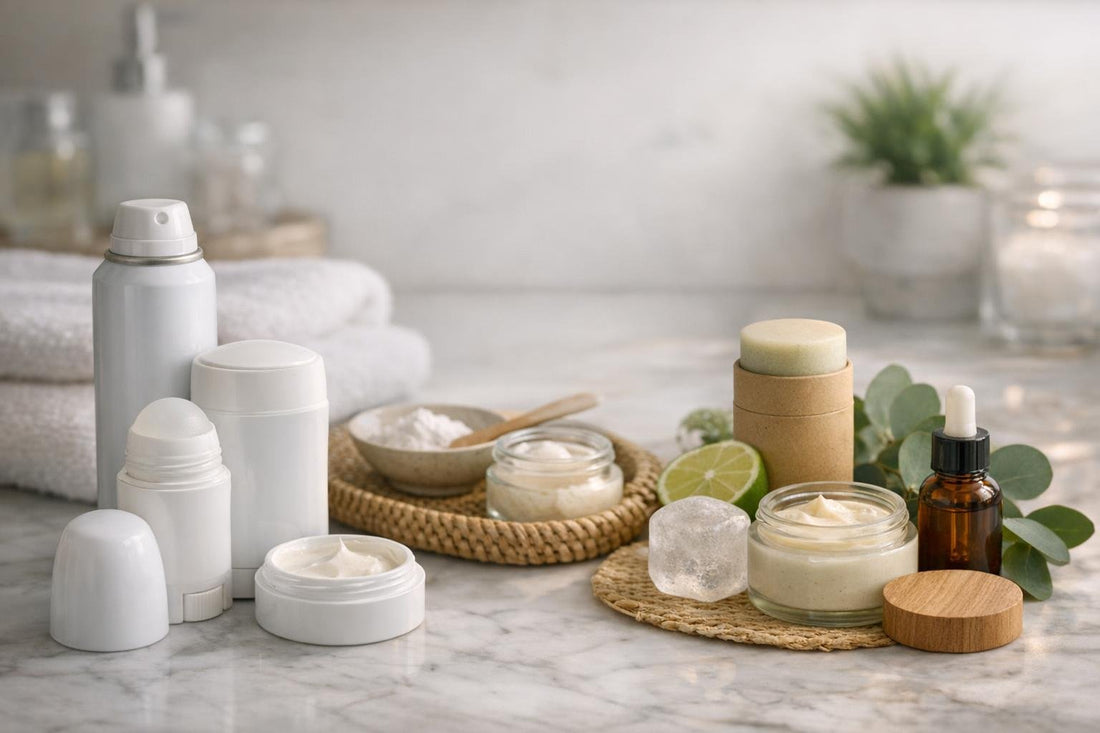 Clinical antiperspirant and natural deodorant vs on table