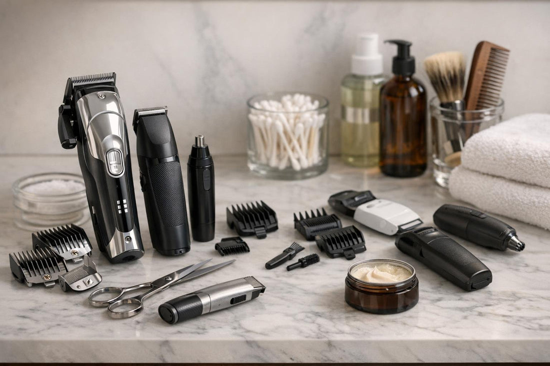 hair clippers and precision accessories on counter